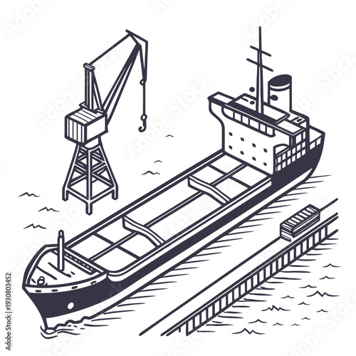 Bulk carrier ship docked at pier with crane unloading cargo