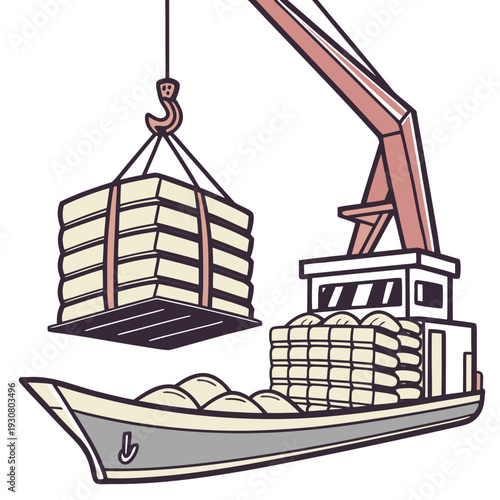 Cargo ship loading grain sacks with crane grain transport