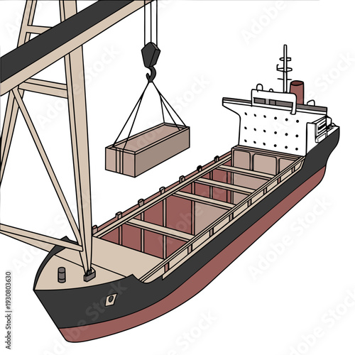 Bulk cargo ship with open container hold and crane loading