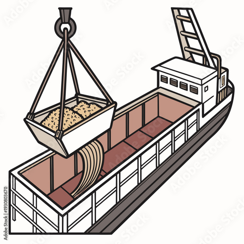 Bulk cargo vessel with crane loading cargo ship cargo hold