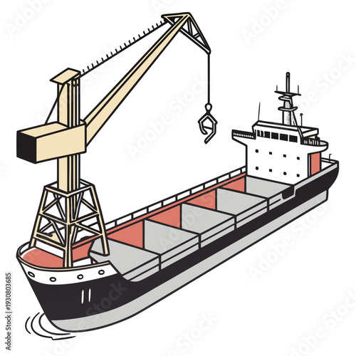 Bulk carrier ship with crane and containers on deck