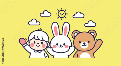 Cartoon Characters Hugging Friends Together.