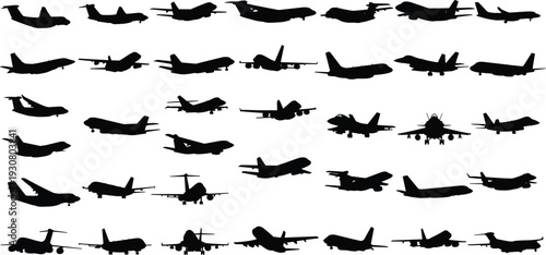 Large Airplane Silhouette Collection Featuring Commercial Military Cargo and Fighter Aircraft Side and Front Views Black Vector Set