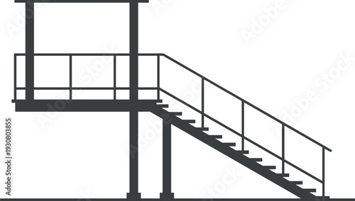 Industrial staircase with platform and railing, vector technical illustration showing metal structure, handrail, supports, architectural design, engineering construction, access equipment concept