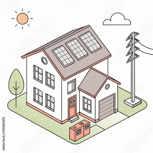 White house with solar panels on roof and battery in front yard