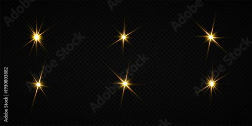 Glowing Golden Star Light Effect with Sparkle Rays and Lens Flare Illumination on Transparent Background