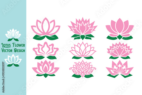 Vector set of lotus flowers. Pink lotus flower icon collection with intricate and simple styles. Diverse floral silhouettes for holistic health, beauty, and yoga studios. Set. Vector illustration