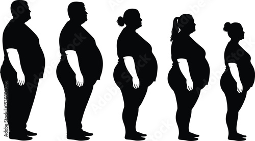 Obese Male and Female Body Silhouette Set Showing Overweight and Obesity Stages Side View Vector Illustration