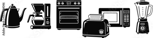 Vector Silhouette Icon Set of Kitchen Appliances Including Electric Kettle Coffee Maker Oven Toaster Microwave and Blender Isolated on White