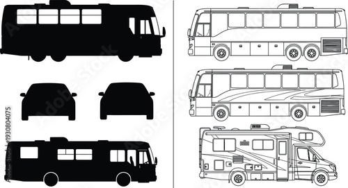 Motorhome and Coach Bus Silhouette and Line Art Set with Front Side Views Vector Illustration Collection