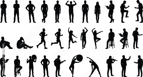 People Silhouette Collection with Standing Running Dancing and Musician Poses Black Vector Set Isolated on White Background