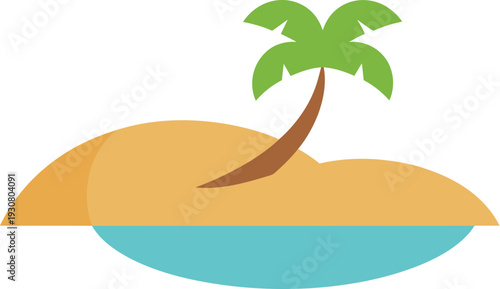 A minimalist flat design icon of a palm tree on a sandy island with water surrounding it, viewed from the side.