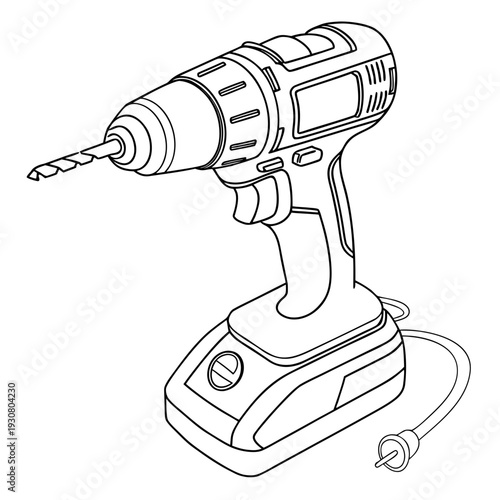 A detailed sketch of a cordless drill with a visible battery pack and a bit.
