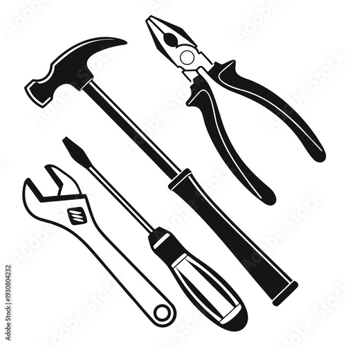 A variety of tools including a hammer, pliers, wrench, and screwdriver.