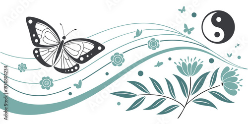 A delicate butterfly with vibrant wings rests on a branch adorned with leaves and flowers.