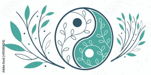 A serene yin and yang symbol surrounded by delicate green foliage.