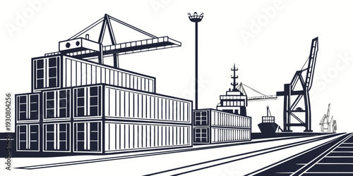 A bustling port scene with cranes and stacked shipping containers