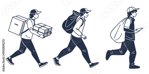 Three individuals carrying different types of packages while walking.