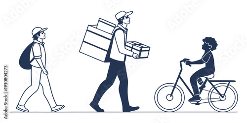 Diverse individuals engaged in various modes of transportation and carrying packages