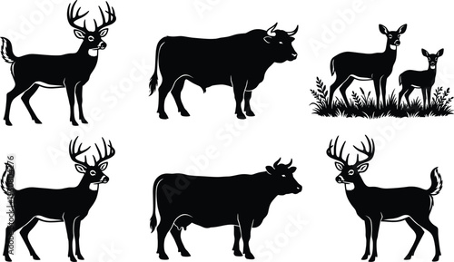 Deer and bull silhouettes set, stag buck cow wildlife vector illustration isolated on white background farm animal collection