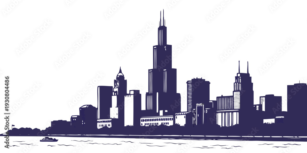 Obraz premium A detailed illustration of the chicago skyline against a clear sky