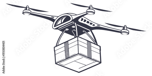 A drone carrying a package flies through the sky, showcasing delivery technology.