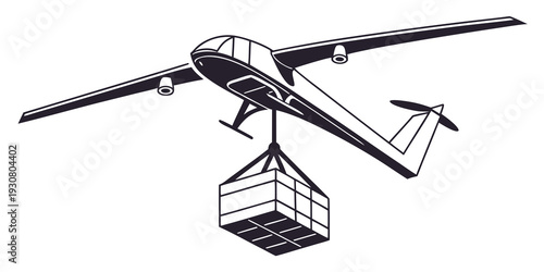 A futuristic drone with a modular payload system in mid-flight.