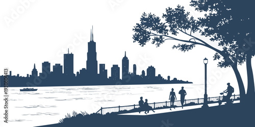 Silhouette of a city skyline with people walking along a waterfront