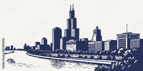 A city skyline with a river flowing through it, featuring tall buildings and a boat.