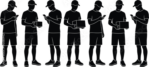 Delivery man silhouettes set, courier holding package and smartphone vector illustration isolated on white background service concept