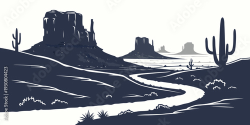 A winding road through a desert landscape with towering rock formations and cacti