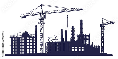 Silhouette of a bustling cityscape with cranes and industrial buildings
