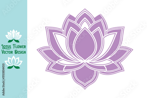Vector illustration of lotus. Large violet lotus flower silhouette with multiple petal layers. Intricate floral icon for royal spa, spiritual growth, and luxury wellness branding. Vector illustration