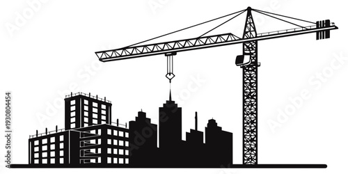 A towering crane dominates the skyline of a bustling city under construction.