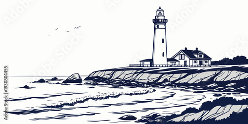 A serene lighthouse standing tall on a rocky shore during a stormy night