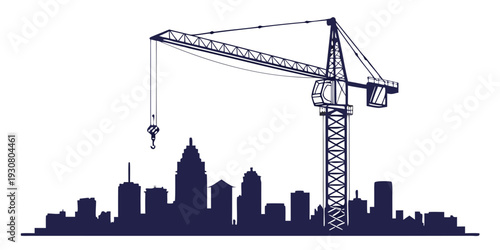 A towering crane dominates the skyline of a bustling cityscape.