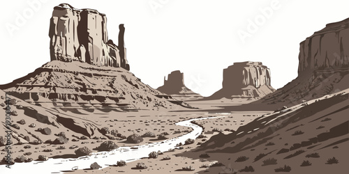 A vast desert landscape with towering rock formations under a clear blue sky.