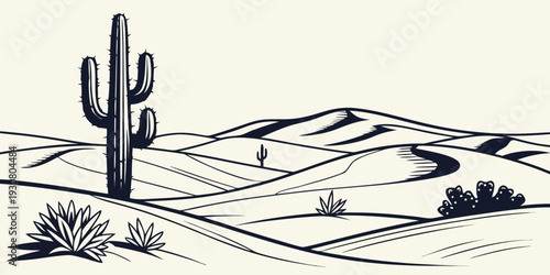 A serene desert landscape with a solitary cactus and winding paths