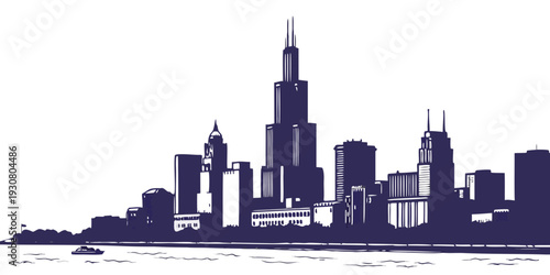 A detailed illustration of the chicago skyline against a clear sky