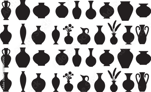 Collection of Black Pottery Vase Silhouettes Keywords: vase, pottery, ceramic, vessel