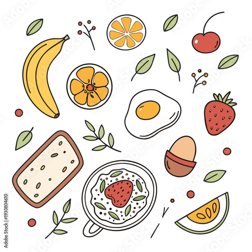 A delightful assortment of breakfast foods and fruits in a charming illustration