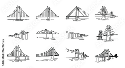 Line art illustrations depicting various suspension bridge designs and viewpoints
