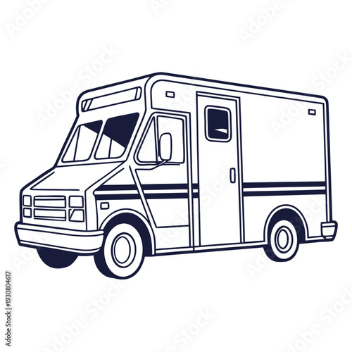 A white and blue food truck parked on the side of a street.