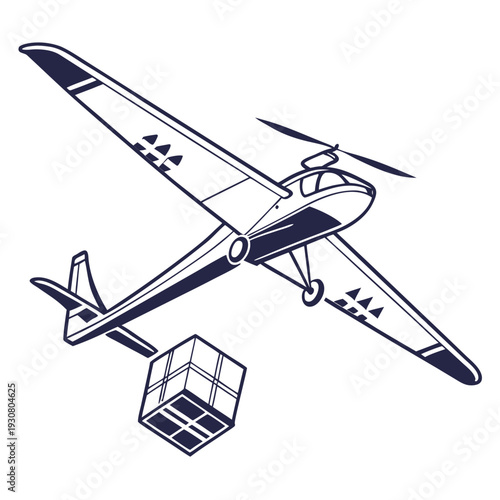 Vintage biplane with a package attached, flying through the sky