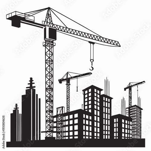 Skyline with construction cranes and buildings in black and white