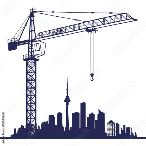 A towering crane dominates the skyline of a modern cityscape with a prominent tower