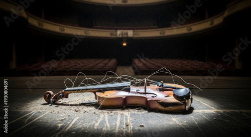 A Broken Violin Lies on a Dusty Theatre Stage