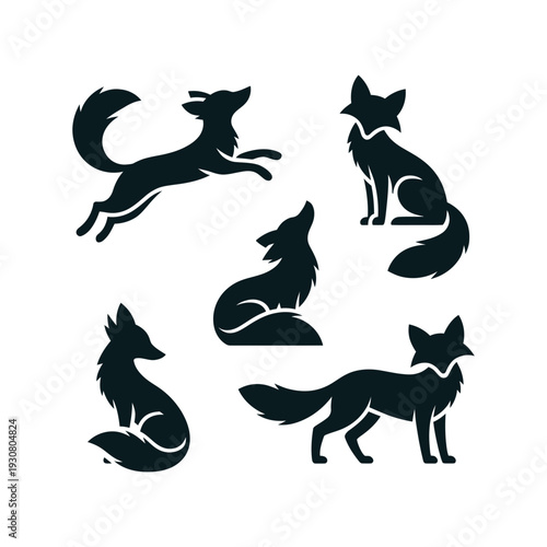A dynamic set of five black fox silhouettes showing various movements and a howling pose.