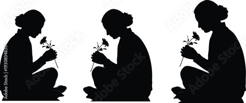 Silhouette Serenity: A delicate silhouette of a woman delicately holding and smelling the fragrance of a beautiful flower, a moment of peaceful contemplation amidst nature.