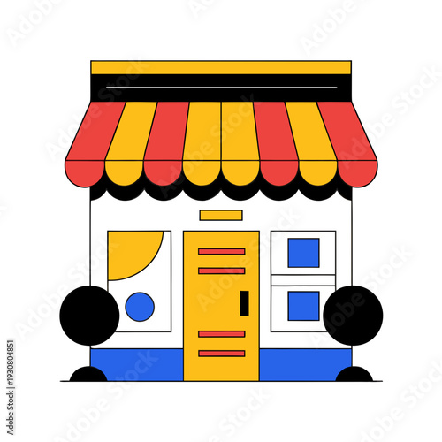 A colorful cartoon storefront with a striped awning